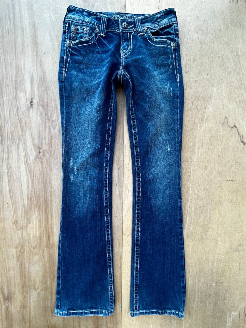 MISS ME THICK STITCH BOOTCUT JEANS WOMEN’S sz 26 Embellished Low Rise Denim